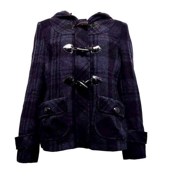 GUESS Plaid Wool Blend Navy Blue Hooded Pea Coat Claw Buttons - Picture 9 of 12